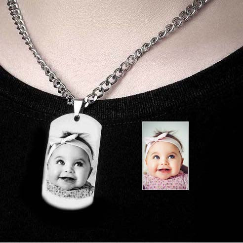 ENSEMBLE  MÉDAILLE MOYENNE RECTANGLE & SA CHAÎNE "gravé avec votre photo, logo, image"