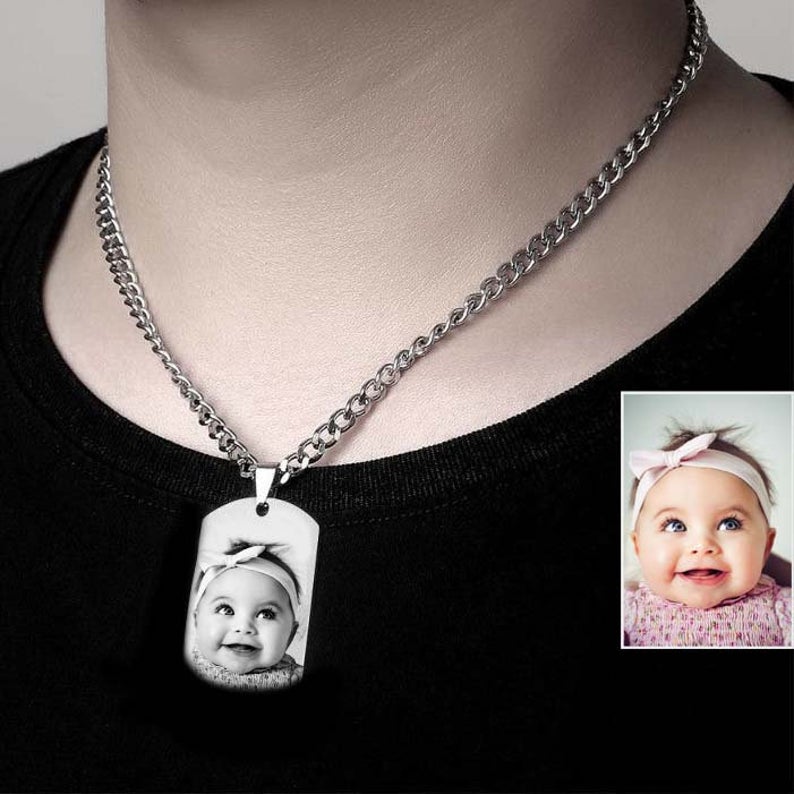 ENSEMBLE PETITE MÉDAILLE RECTANGLE & SA CHAÎNE "gravé avec votre photo, logo, image"